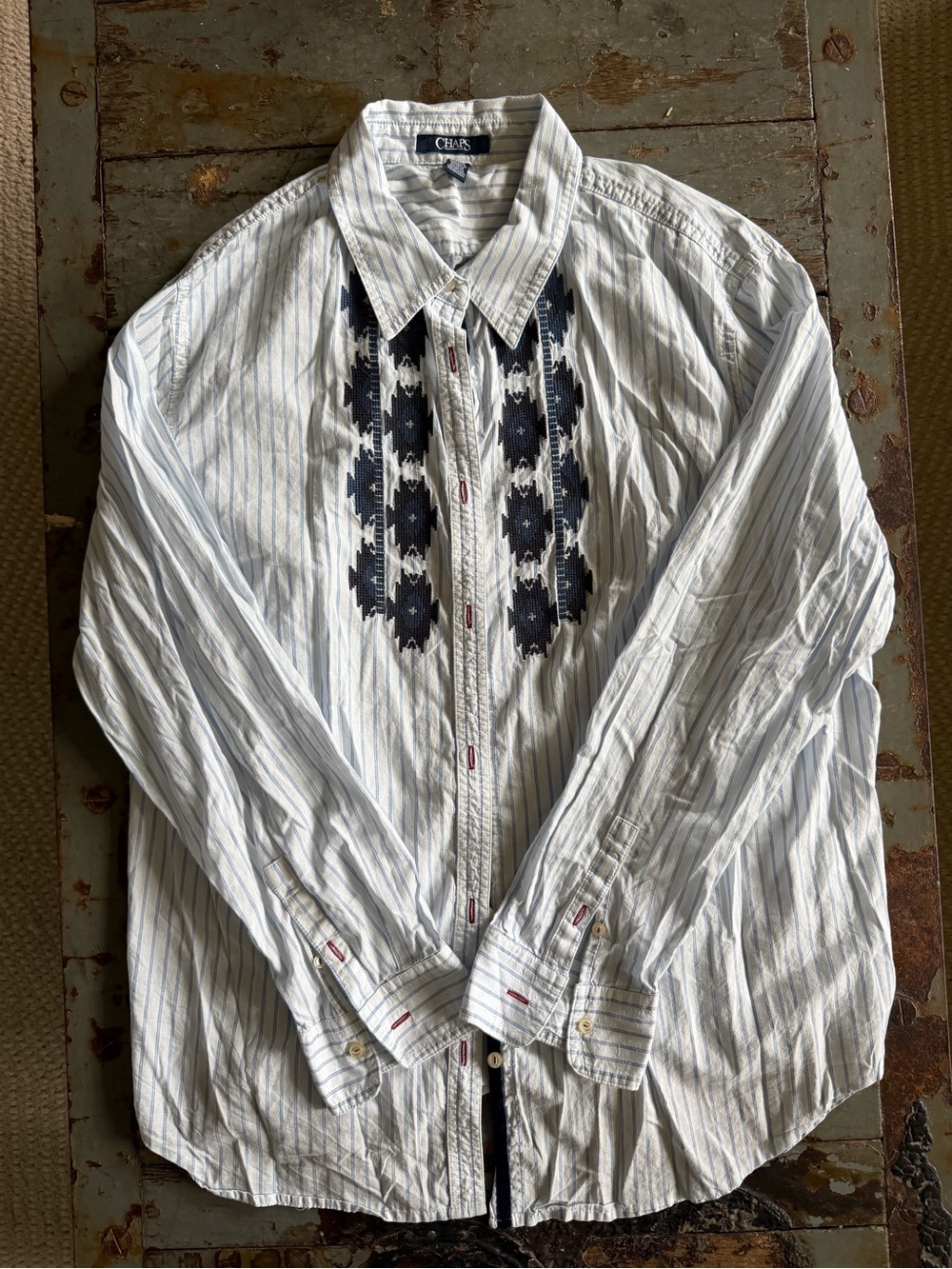 Chaps Ralph Lauren White Western Button-Up with Blue Stripes & Aztec Embroidery